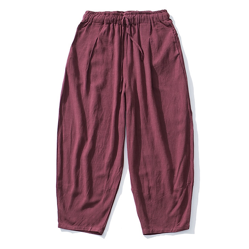 Men's Linen Pants Trousers Summer Pants Pocket Drawstring Elastic Waist Plain Comfort Breathable Outdoor Daily Going out Fashion Casual Black Red2