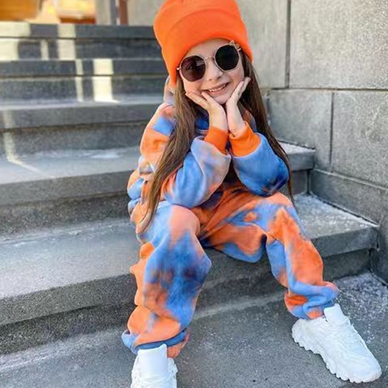 2 Pieces Kids Girls' Tie Dye Pocket Hoodie & Sweatpants Set Set Long Sleeve Active Training 3-7 Years Fall Red Orange