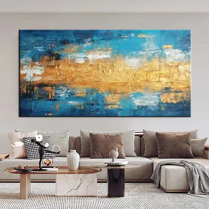 Handmade Gold blue Painting Hand Painted Oil Painting Wall Art Gold Foil Painting on Canvas  Large Wall Art Texture contemporary art Home Decoration Rolled Canvas