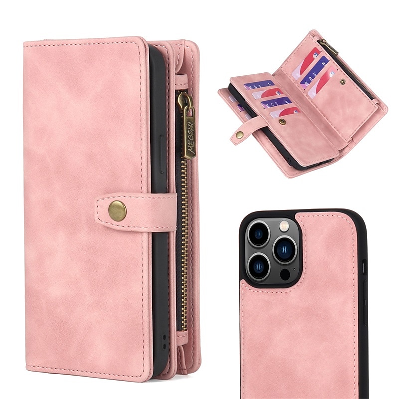 Phone Case For iPhone 15 14 Pro Max Plus 13 12 11 Pro Max Wallet Case with Stand Holder Magnetic Zipper Solid Color PU Leather2
