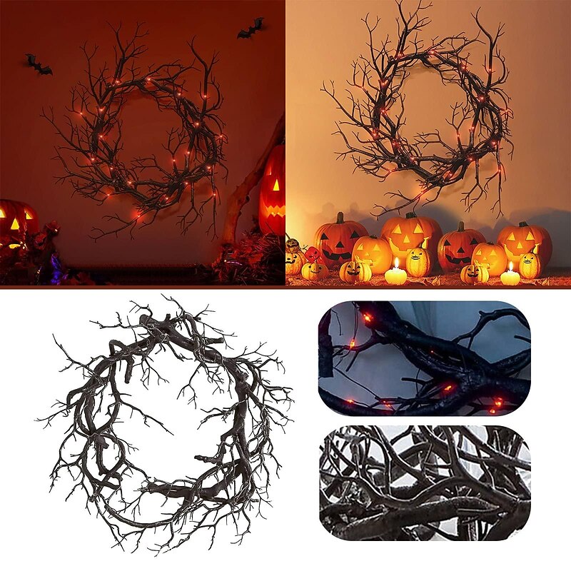 Halloween Wreath Decoration for Front Door Orange Lights Glitter Black Branch Wreath Halloween Decorations Home Indoor Outdoor Party Wall Decor Vintage Outside Hanging Window Garland Yard Scary3