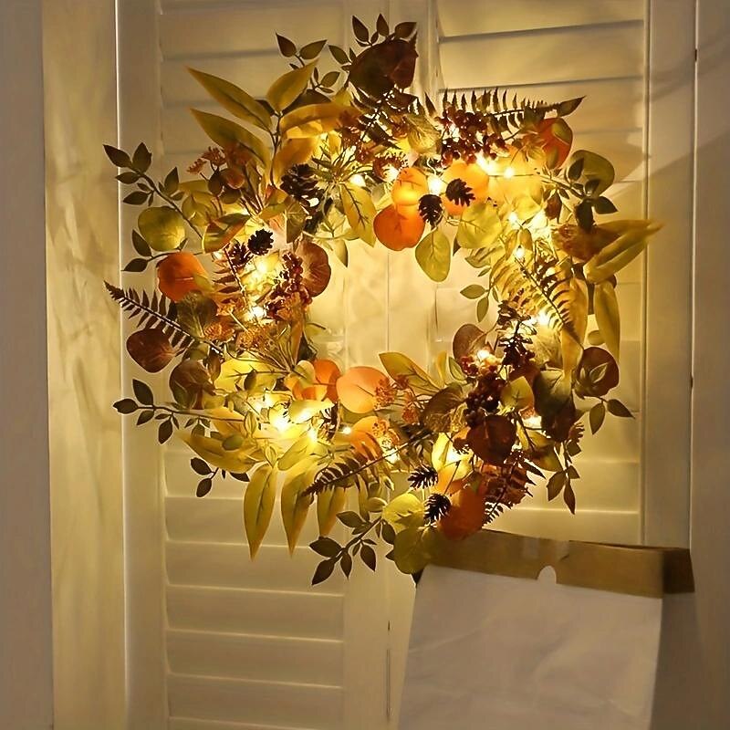 22inch Autumn Artificial Plant LED Light Wreath Home Holiday Outdoor Garden Party Front Door Wall Decoration for Halloween