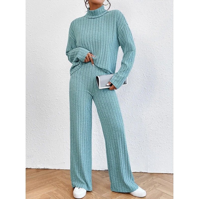 Women's Warm Neon & Bright Shirt Pants Sets Pants Trousers Long Sleeve Turtleneck Solid Color Casual Daily Black Army Green Blue Fall & Winter Regular Fit4