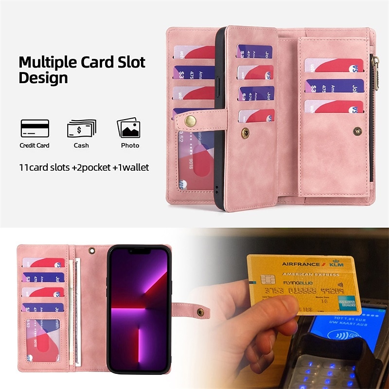 Phone Case For iPhone 15 14 Pro Max Plus 13 12 11 Pro Max Wallet Case with Stand Holder Magnetic Zipper Solid Color PU Leather3