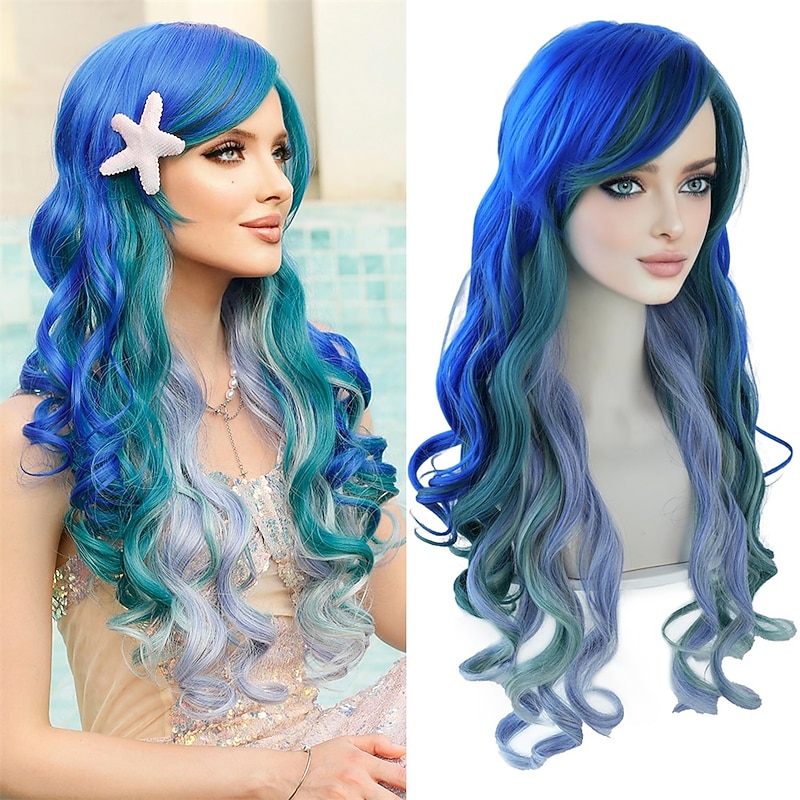 Long Wavy Blue Green Mermaid Wig with Bangs Dark Blue Light Purple and Lake Green Ombre Curly Ariel Little Mermaid Wigs Partys Cosplay Wig Outfit for Women and Girls Halloween Wigs