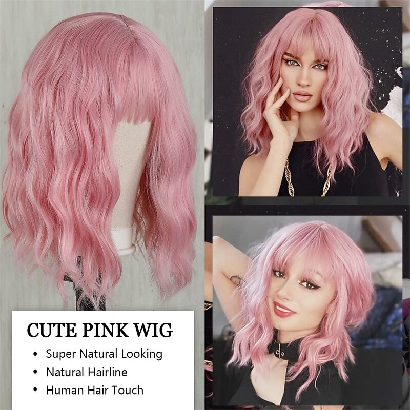 Pink Wig with Bangs Short Wavy Pink Wigs for Women Bob Wig 14 Inch Shoulder Length Middle Part Pastel Wig Curly Synthetic Colored Wigs for Girls Daily Cosplay Party Use2