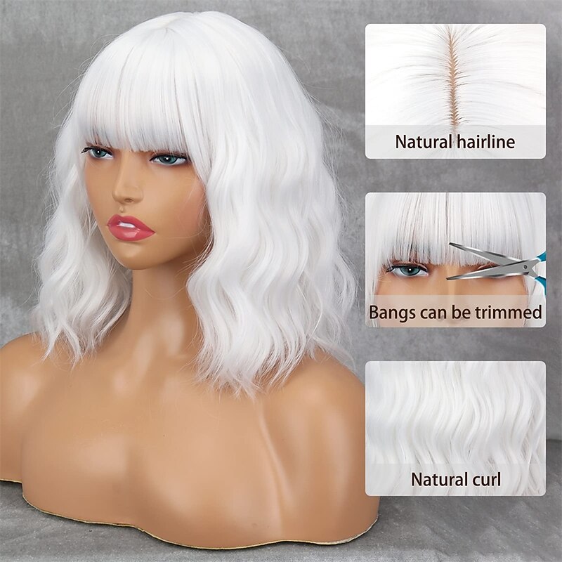 Short White Wig with Bangs Wavy White Hair Wigs for Women Synthetic Wavy Bob White Shoulder Length Wigs Natural Looking Heat Resistant Fiber Wig for Daily Party Cosplay Use3
