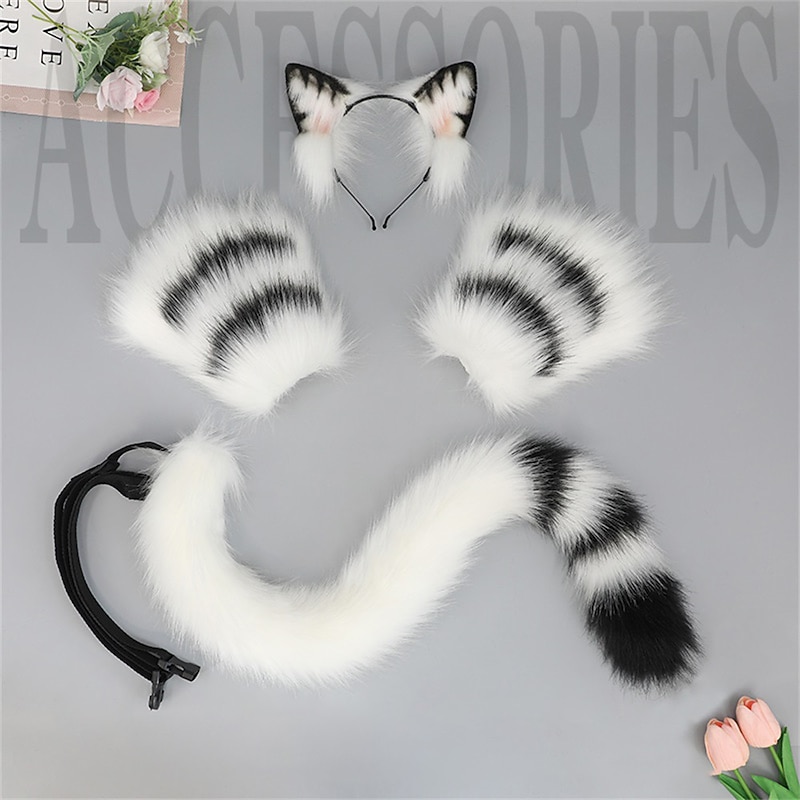 Cute Plush Beast Ear Headwear Open Finger Gloves Beast Tail Cosplay Prop Accessories Hair Accessories Cat Tail Set