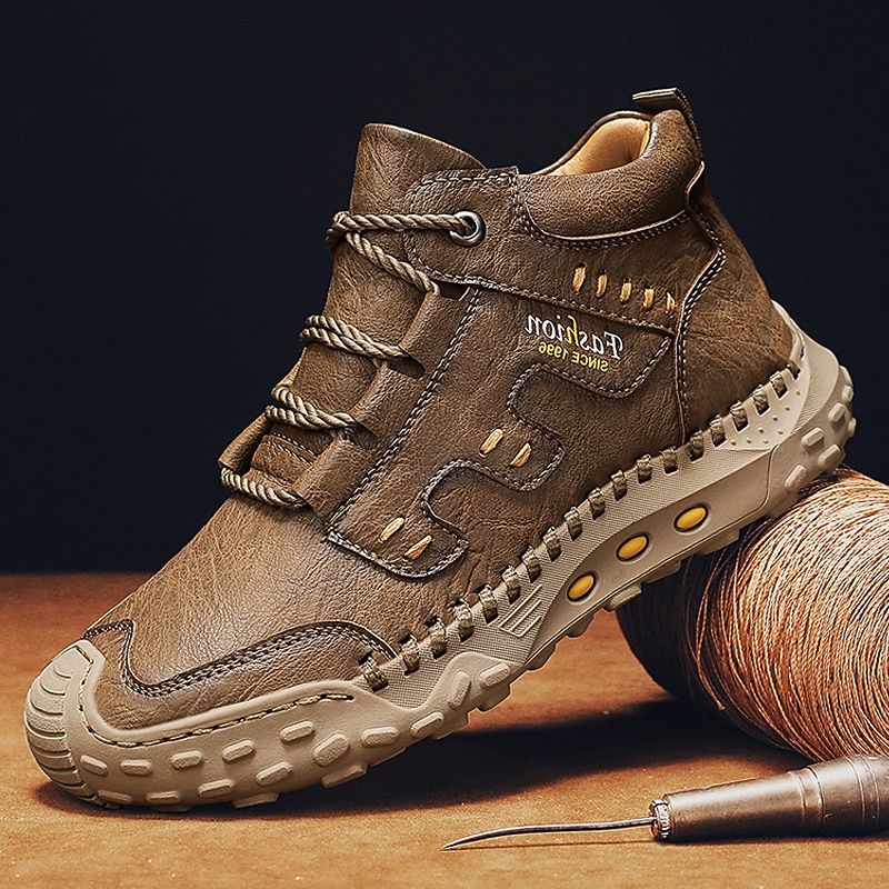 Men's Brown Faux Leather Outdoor Hiking Boots with Handcrafted Stitching, Lace-Up Design, and Non-Slip Sole - Durable and Comfortable Adventure Footwear