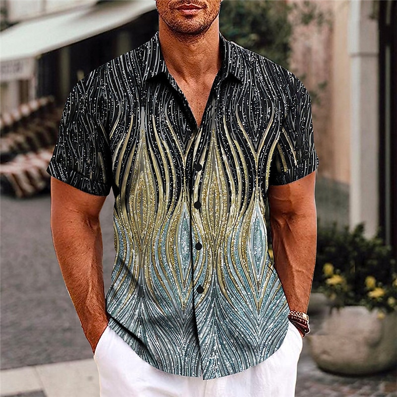 Men's Optical Illusion Geometric Pattern Shirt Button Up Shirt Short Sleeve Fashion Streetwear Designer Outdoor Daily Summer Spring Turndown Print Silver Gold