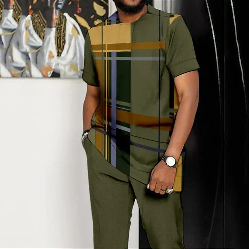 Men's Color Block Graphic Prints Shirt Set T-Shirt Outfits Shirt and Pant Sets Short Sleeve T shirt 3D Print Crew Neck Shirt Sport Designer Casual Outdoor Daily Vacation Brown Army Green Dark Blue