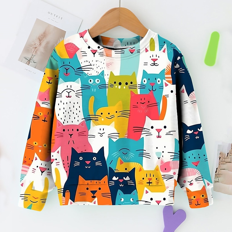 Girls' 3D Graphic Cartoon Cat Sweatshirt Long Sleeve 3D Print Summer Fall Fashion Streetwear Adorable Kids 3-12 Years Outdoor Casual Daily Regular Fit