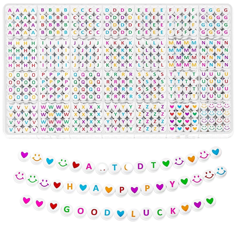 1400pcs Clay Beads Letter Beads Kit, 4x7 mm White Acrylic Alphabet Beads Letter Beads for Jewelry Making Number Beads Heart Beads Friendship Bracelet Beads Making2
