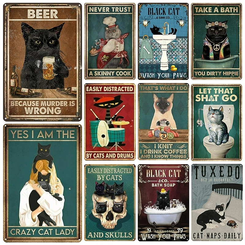 1pc Retro Metal Tin Sign Cute Cat Tin Sign Vintage Kitchen Signs Wall Decor, Painting Wall Hanging for Home Decor Wall Art Metal Tin Sign 20x30cm/8''x12''