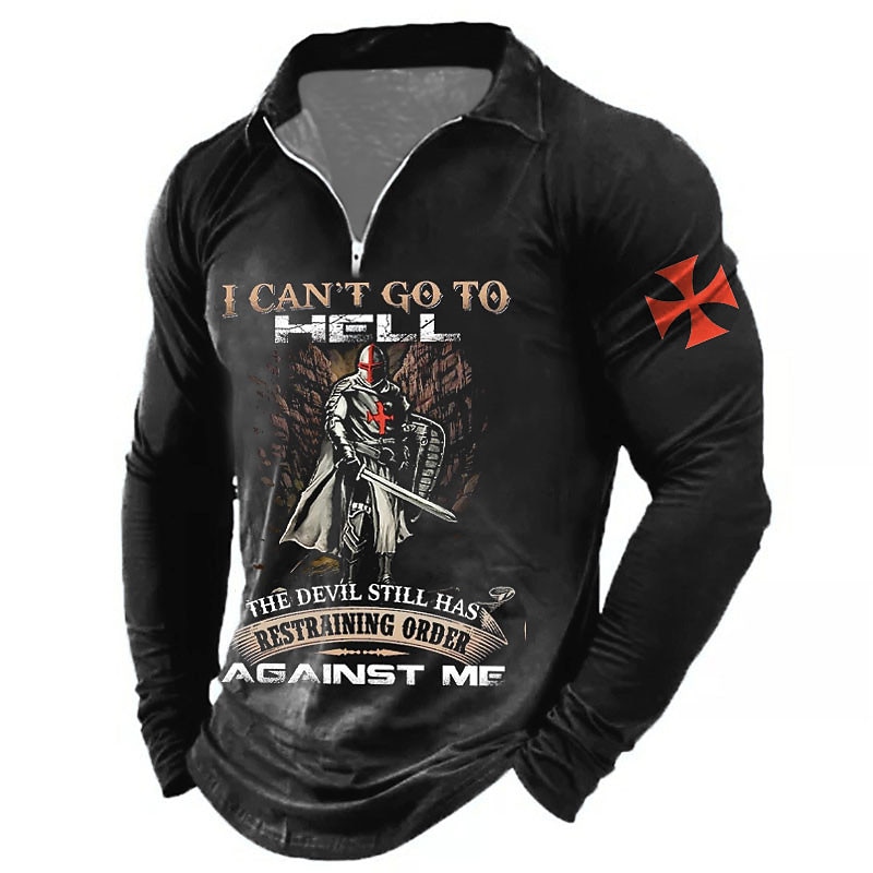 Men's Letter Graphic Prints Vintage Soldier Polo Shirt Zip Polo Golf Shirt Long Sleeve Shirt Turndown Outdoor Street Black Navy Blue Brown Green Zipper Print Clothing Apparel Fashion Casual Soft