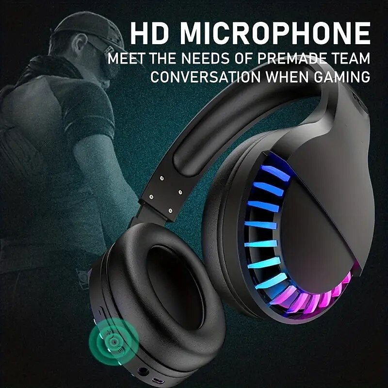 Wireless BT Headphone With Noise Cancellation HiFi Stereo Sound Mic Deep Bass Protein Earpad Rainbow RGB Backlight Rechageable Over Ear Headset For PC Mac Game Travel Class Home Office