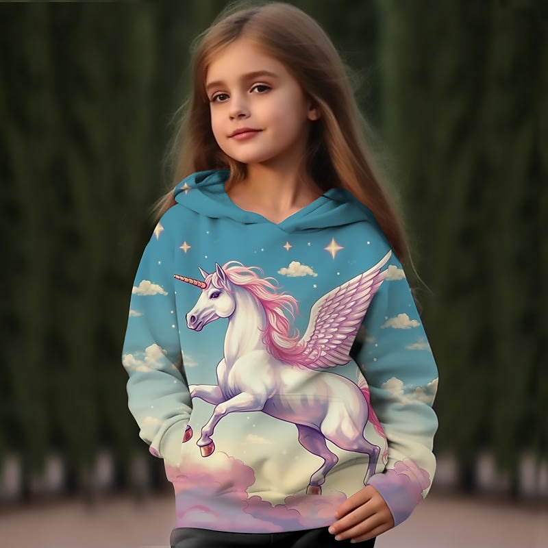 Girls' 3D Cartoon Unicorn Hoodie Pullover Long Sleeve 3D Print Fall Winter Active Fashion Cute Kids 3-12 Years Outdoor Casual Daily Regular Fit3