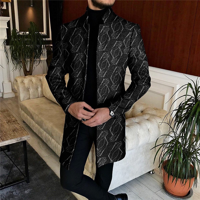 Men's Plaid / Check Geometry Winter Coat Overcoat Coat Warm Comfortable Breathable Fashion Streetwear Business Work Wear to work Going out Pocket Print Fall & Winter Turndown Long Sleeve Black Gray3