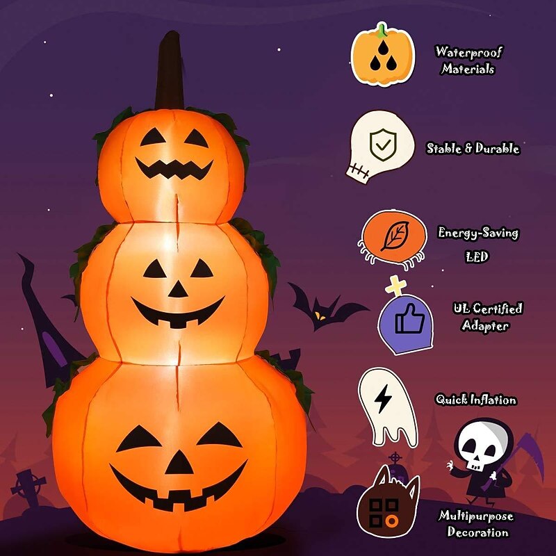 Halloween Decorations 6Ft Inflatable LED 3 Pumpkins Stack Light, Jack O Lantern Blow Up 3 Pumpkins, Outdoor Indoor Halloween Decorations3