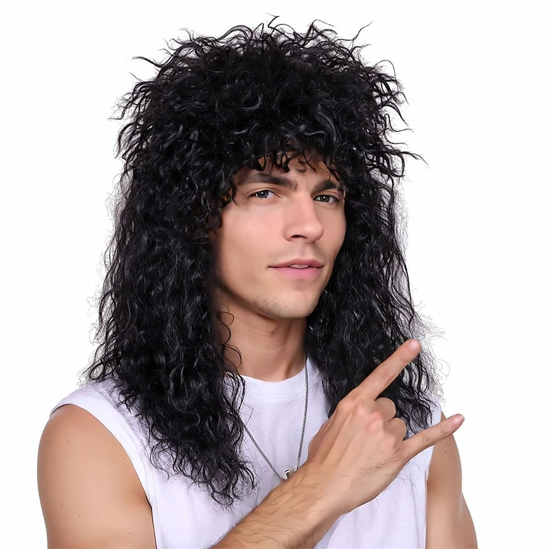 FantaLook Mens 80S Long Curly Black Rocker Costume Wig Halloween Wigs3