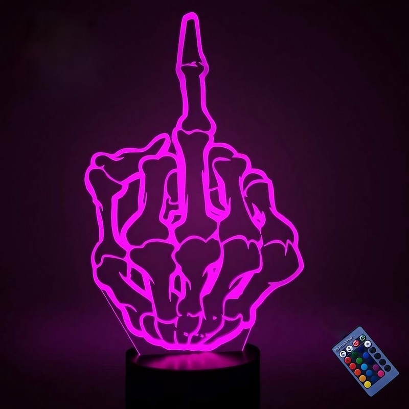 Optical Illusion 3D Middle Finger Night Light 16 Colors Changing USB Power Remote Control Touch Switch Decor Lamp LED Table Desk Lamp Children Kids Christmas/Halloween Xmas Brithday Gift