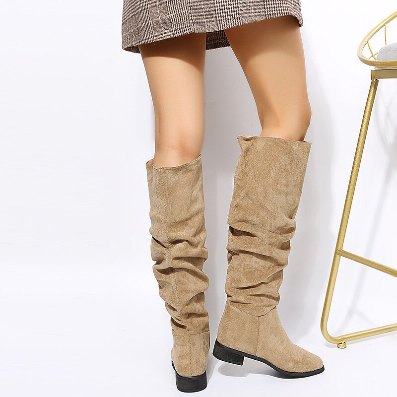 Women's Tan Slouchy Knee-High Boots with Low Heel - Casual Suede Western Style for Everyday Wear3
