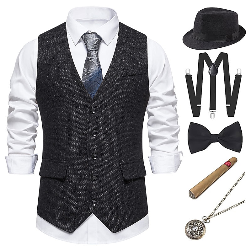 Retro Vintage Roaring 20s 1920s Outfits Waistcoat Panama Hat Normal Gentleman Gangster Fancy Dress Men's Christmas Halloween Carnival Prom Club Bachelorette Party Adults' Vest Bow Hat All Seasons3