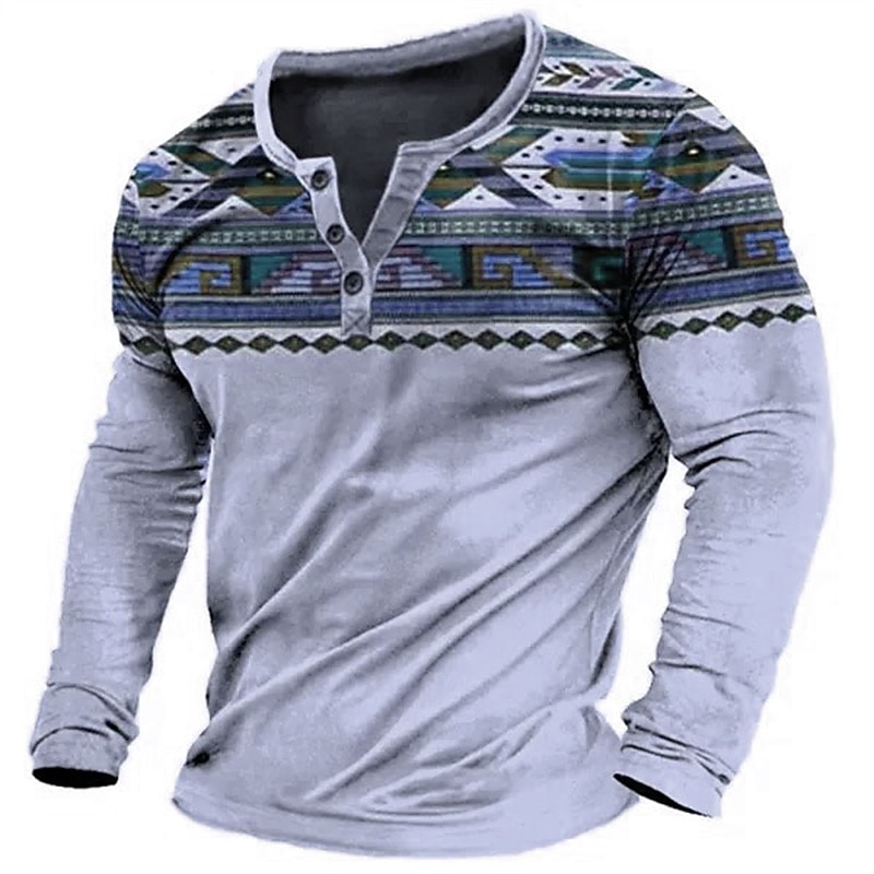 Men's Graphic Tribal Henley Shirt Long Sleeve 3D Print Fashion Designer Comfortable Outdoor Daily Spring &  Fall Blue Brown Green Gray Henley Henley T-Shirt2