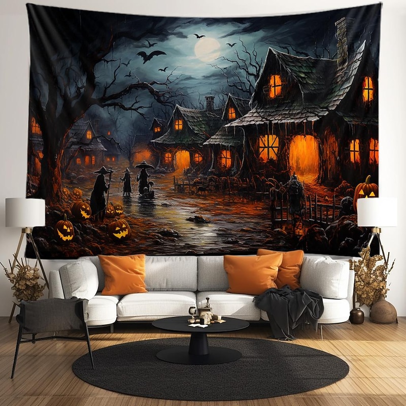 Halloween Pumpkin Hanging Tapestry Wall Art Large Tapestry Mural Decor Photograph Backdrop Blanket Curtain Home Bedroom Living Room Decoration Hunted House Bat Halloween Decorations3