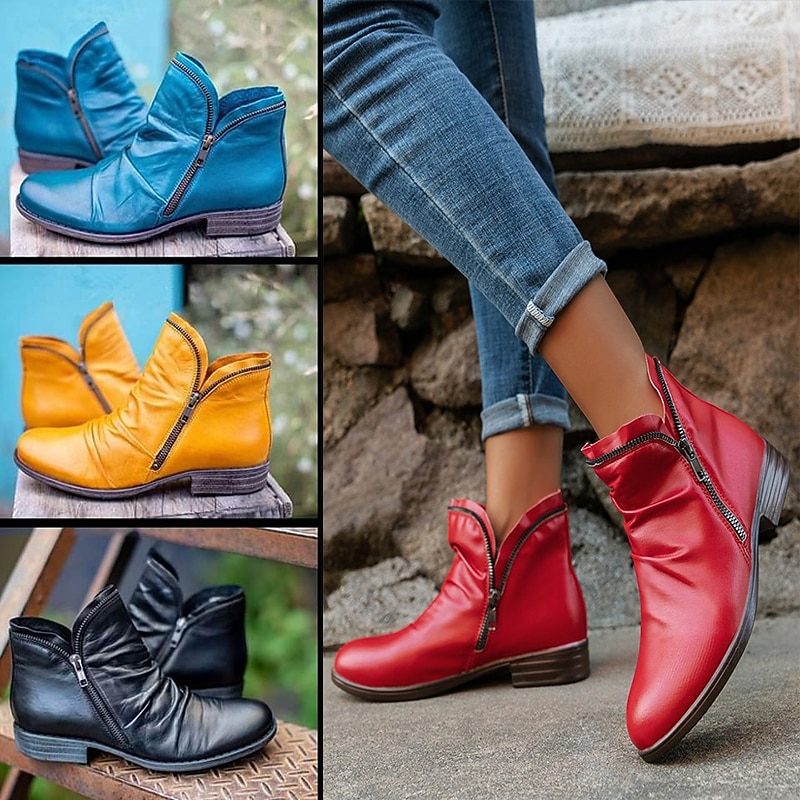 Women's Stylish Red Ankle Boots - Casual Zip-Up Faux Leather Booties for Everyday Wear