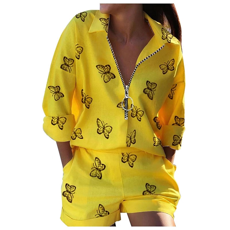 Women's Fashion Boho Shirt Shorts Sets Baggy Shorts Long Sleeve Shirt Collar Graphic Butterfly Zipper Print Casual Daily Black White Yellow Spring & Summer Regular Fit4