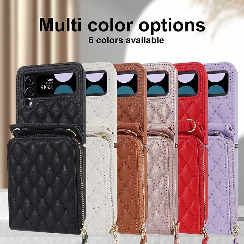 Phone Case For Samsung Galaxy Z Flip 7 Z Flip 6 Z Flip 5 Z Flip 4 Z Flip 3 Handbag Purse Wallet Case Zipper with Removable Cross Body Strap with Wrist Strap Retro PC PU Leather