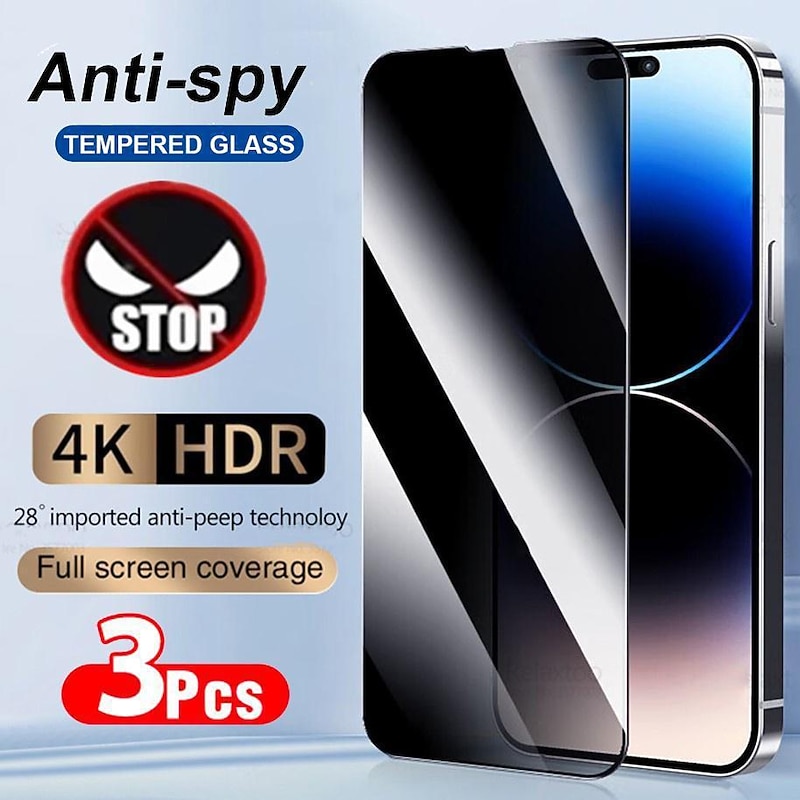 3 pcs Screen Protector For Apple iPhone 16 iPhone 15 Pro Max Plus iPhone 14 13 12 11 Pro Max Mini X XR XS Max 8 7 Plus Tempered Glass Privacy Anti-Spy 9H Hardness Anti Bubbles Anti-Fingerprint 3D