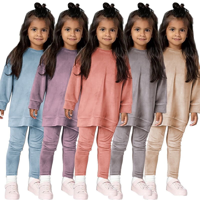 2 Pieces Toddler Girls' Solid Color Crewneck Hoodie & Sweatpants Set Set Long Sleeve Sports Outdoor 3-7 Years Fall Champagne Pink Blue