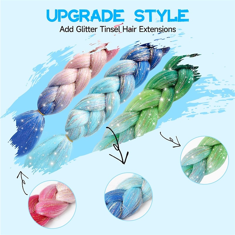 2Pcs Hair Extensions for Braids Ombre Braiding Hair Add Tinsel Hair Extension Sparkly Braiding Hair 24 Inch Braiding Hair Pre Stretched Ombre 100g Heat Resistant Colorful Synthetic Braiding 3 Tone f2