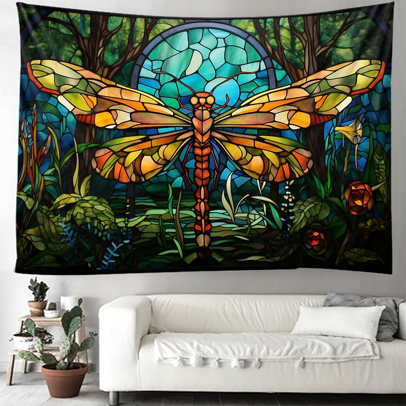 Stained Glass Dragonfly Hanging Tapestry Wall Art Large Tapestry Mural Decor Photograph Backdrop Blanket Curtain Home Bedroom Living Room Decoration