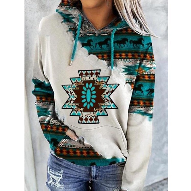 Women's Hoodie Sweatshirt Pullover Geometric Vintage Ethnic Street Casual Front Pocket Vintage Ethnic Neon & Bright Hoodie Long Sleeve Top Micro-elastic Fall & Winter Comfrt Breathable Soft Fabric4