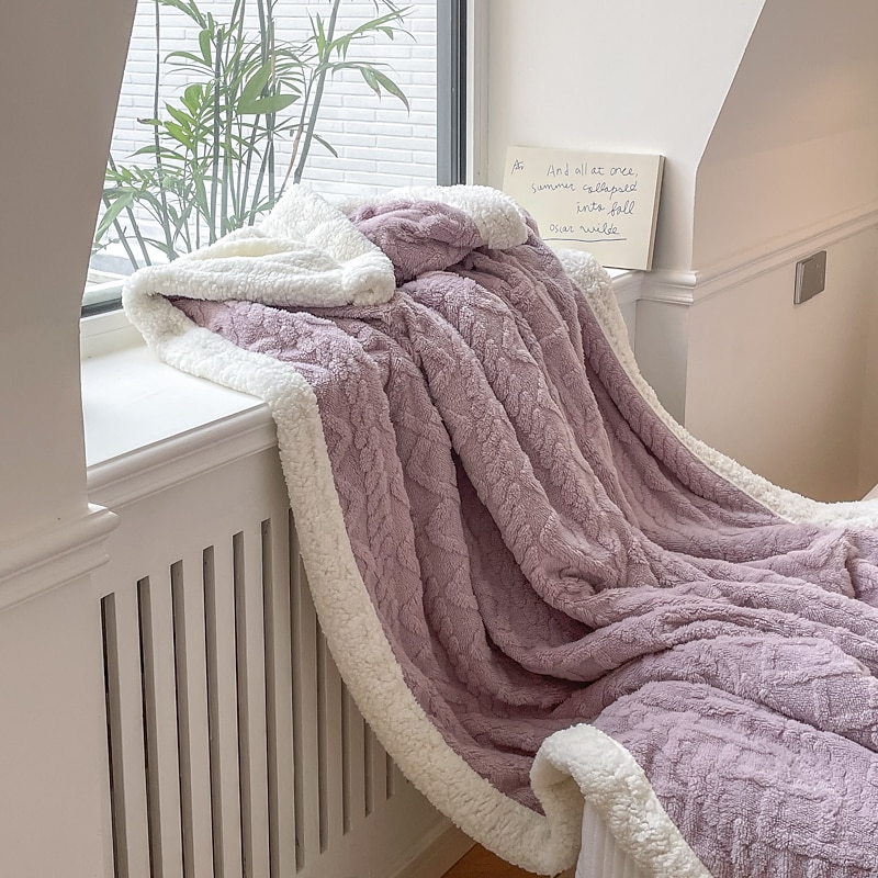 Solid Color Thickened Warm Double Layer Lamb Cashmere Jacquard Blanket Office Nap Blanket Sofa Warmer Super Soft Blankets4