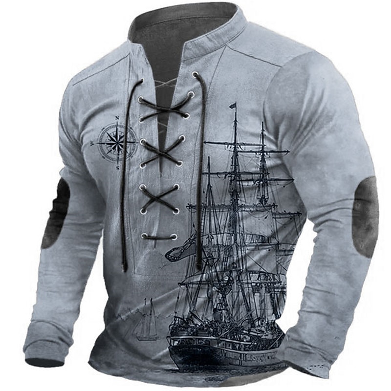 Men's Ship Graphic Prints Compass Graphic Tee Vintage Shirt Long Sleeve T shirt Shirt Fashion Designer Casual Outdoor Vacation Daily Wear Blue Green Khaki Spring &  Fall Clothing Apparel S M L XL 2XL2