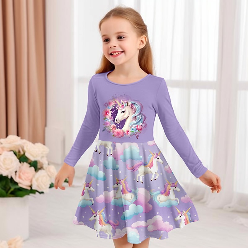Girls' 3D Graphic Cartoon Unicorn Dress Long Sleeve 3D Print Summer Fall Vacation Sports & Outdoor Daily Cute Casual Beautiful Kids 3-12 Years Casual Dress A Line Dress Above Knee Regular Fit3