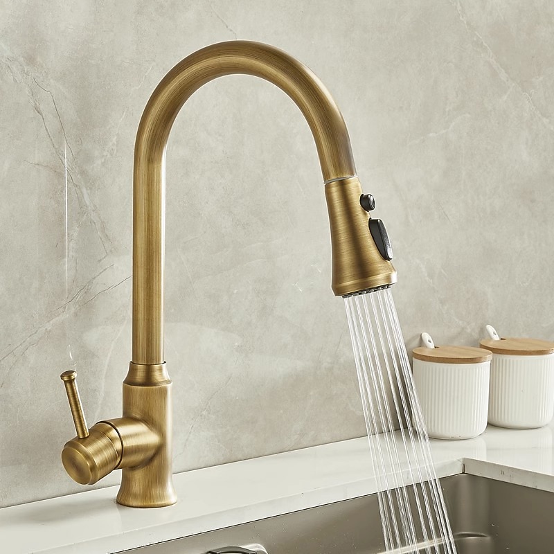 Traditional Kitchen Faucet Pull Out Sink Mixer Vessel Brass Taps, 360 Degree Single Handle Vintage Taps with Cold and Hot Hose4