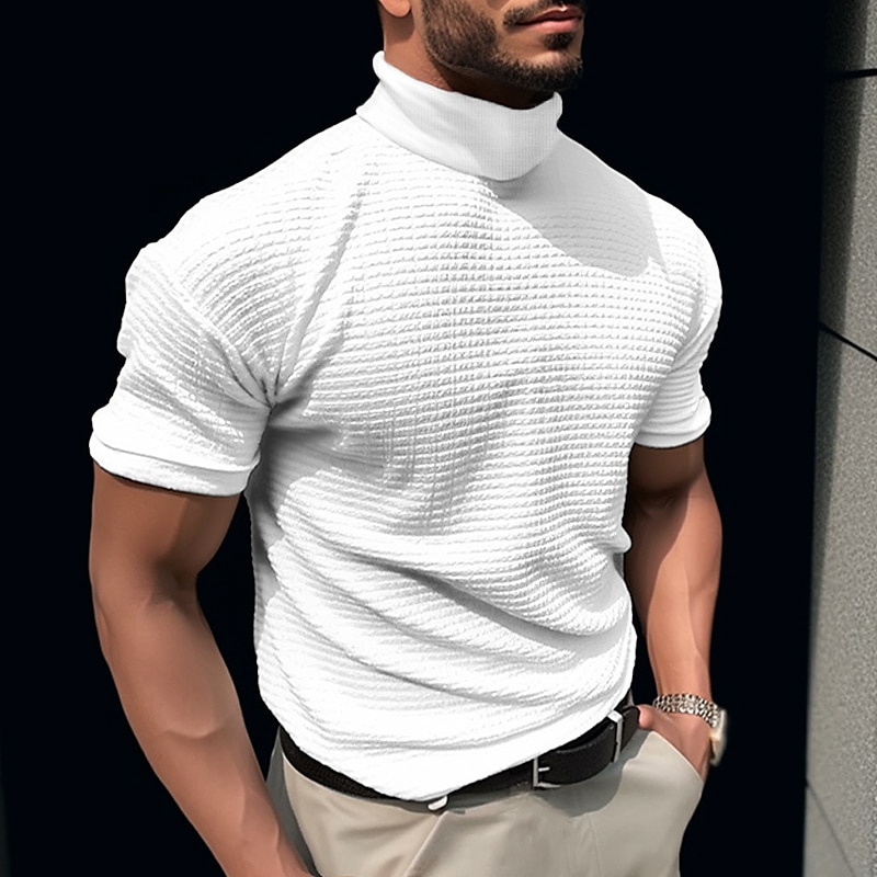 Men's Waffle Shirt T Shirt Tee Top Short Sleeves Turtleneck Summer Plain Fashion Designer Basic Vacation Street Going out Black White Brown Top Tee for Men2