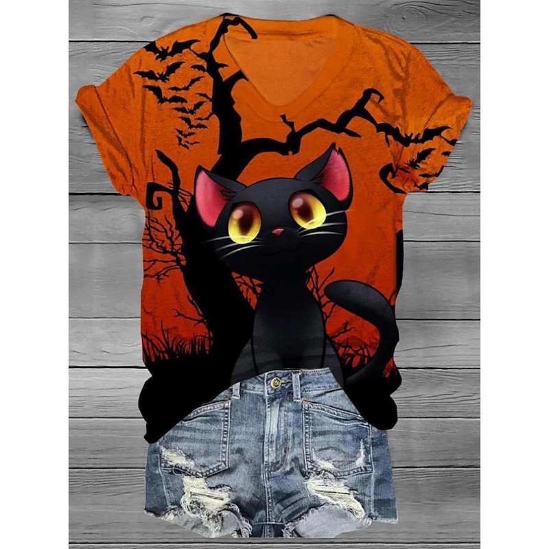 Women's T Shirt Basic Floral Print Short Sleeve Regular Tops V Neck Weekend Black Yellow Pink Red Orange Summer 5