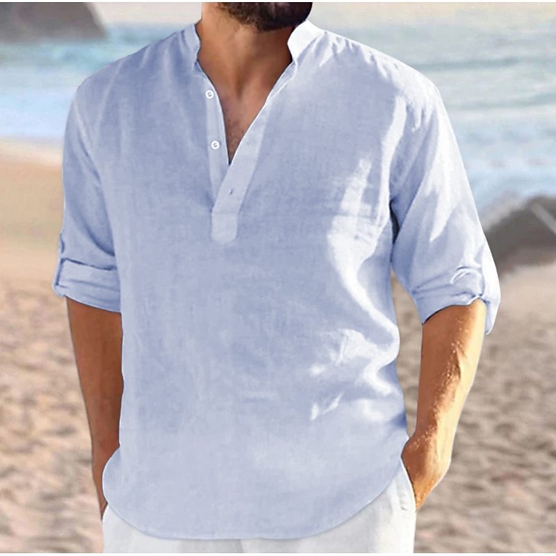 Men's Shirt Linen Shirt Summer Shirt Beach Wear Band Collar Shirt Plain Vacation Curise Black White Navy Blue Blue Long Sleeve V Neck All Seasons Clothing Apparel