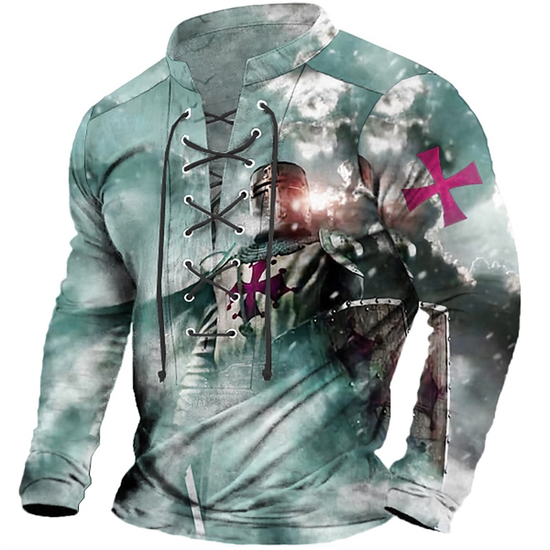 Knights Of Malta Mens Graphic Shirt Templar Prints Fashion Designer Casual Henley Tee Outdoor Daily Wear Vacation Light Green Burgundy Blue Cross Lace Up Pink Cotton2