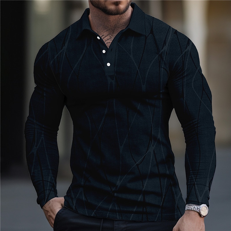 Men's Geometric Polo Shirts Golf Shirt Long Sleeve Polo Shirts Collared Shirts Business Casual WorkWear Formal Wear Festival Wear 3D Print Buttons Fall & Winter Black White Navy Blue3