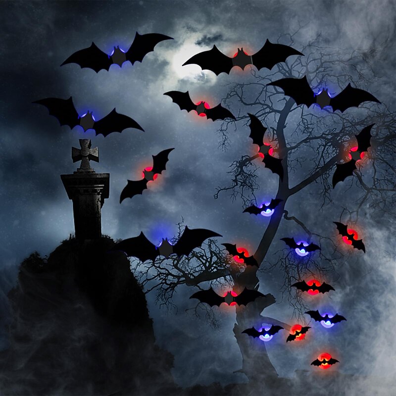 Halloween 12/24pcs LED Light Bats Wall Decor, 3D Bat Halloween Decorations Indoor Bat Stickers, Waterproof Black Spooky DIY Bats for Home Decor Indoor Outdoor Party Decoration4