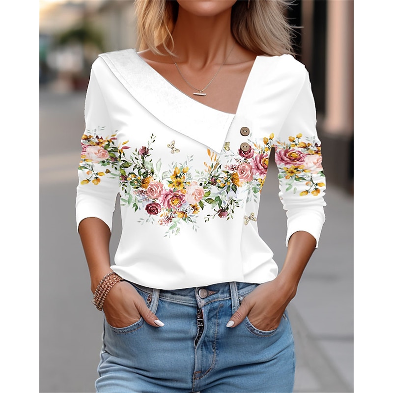 Women's Blouse Floral Elegant Vintage Fashion Long Sleeve V Neck Regular Tops Holiday Weekend Buttons Print White Pink Blue Purple Green Fall & Winter - Main Image