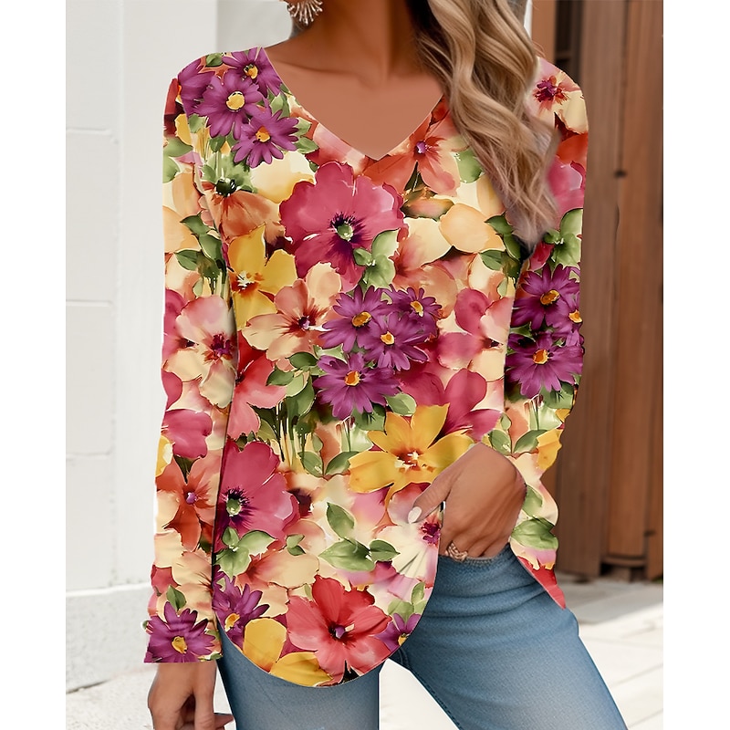 Women's T Shirt V Neck Long Sleeve Tunic Floral Basic Neon & Bright Regular Tops Daily Weekend Print Red Blue Purple Green