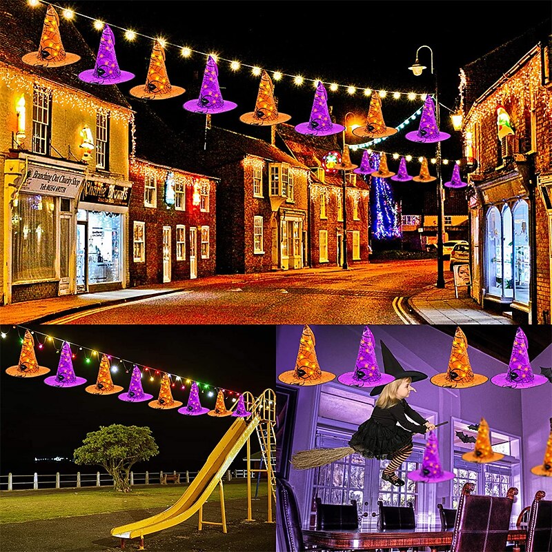 Halloween Decorations 8pcs LED Witch Hat, with Remote Control, Outdoor Tree Hanger 40LED Battery Powered Light for Halloween Party Garden Yard Home Horror Atmosphere Decorations3